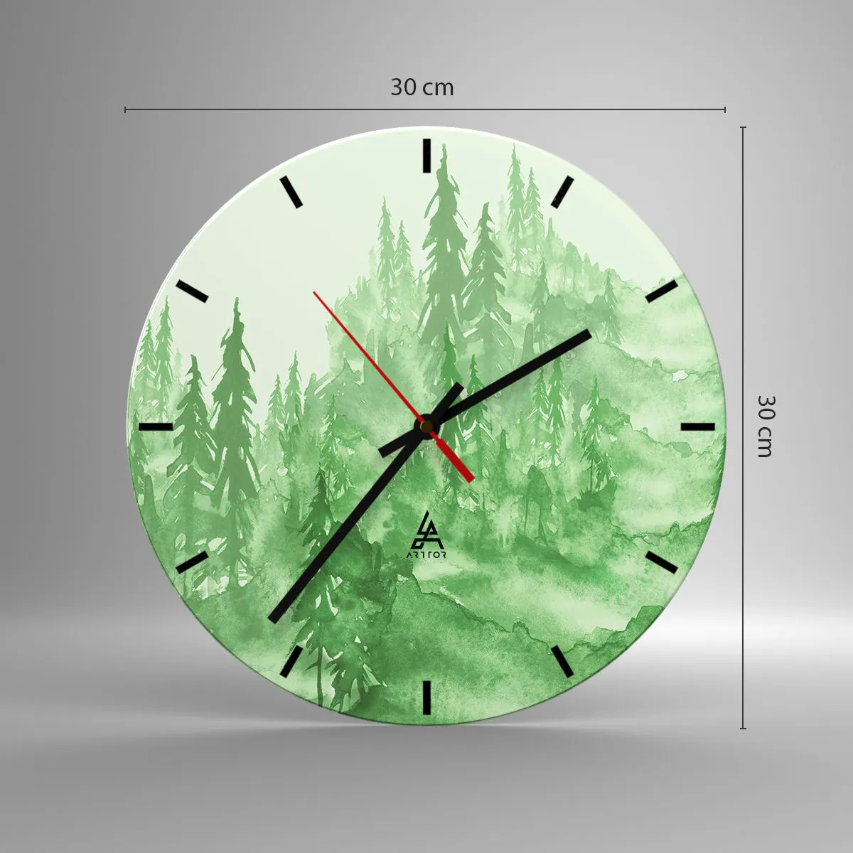 Ceas de perete - Ceas pe sticlă - O pădure verde într-un stil acuarelă plin de armonie - 30x30cm - Neclar prin ceața verde - Decorațiune modernă pentru perete pentru living, bucătărie și dormitor ARTTOR