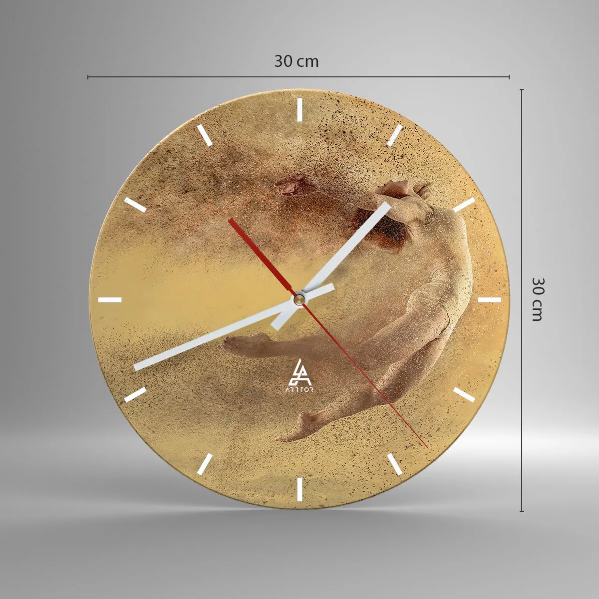 Ceas de perete - Ceas pe sticlă - Dansatoare în nuanțe aurii cu efect de praf în mișcare - 30x30cm - În exaltare de dans - Decorațiune modernă pentru perete pentru living, bucătărie și dormitor ARTTOR