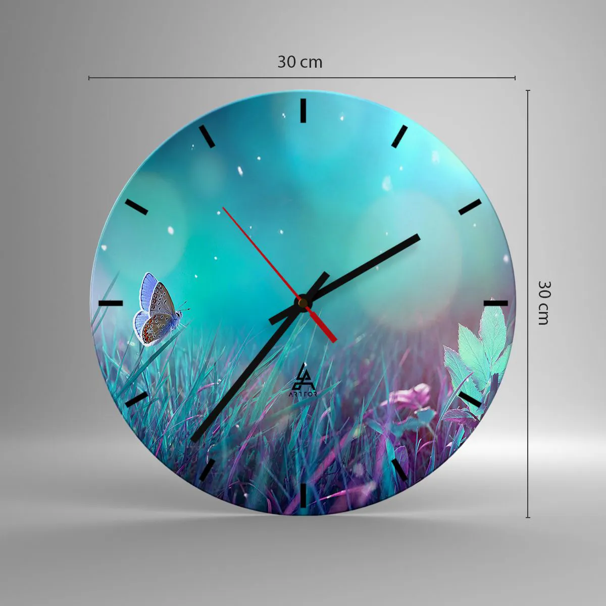Horloge murale - Pendule murale - Papillon sur l'herbe à la lumière des couleurs pastel et des flashs - 30x30cm - La vie secrète de la prairie - Décoration murale moderne pour le salon, la cuisine et la chambre ARTTOR