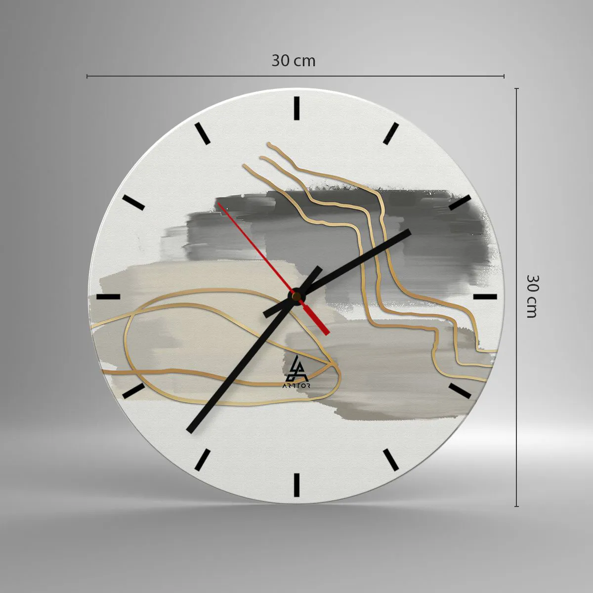 Wanduhr - Glasuhr - Abstrakte Komposition mit grauen und goldenen Linien - 30x30cm - Dauer und Bewegung - Moderne Wanddekoration für Wohnzimmer, Küche und Schlafzimmer ARTTOR