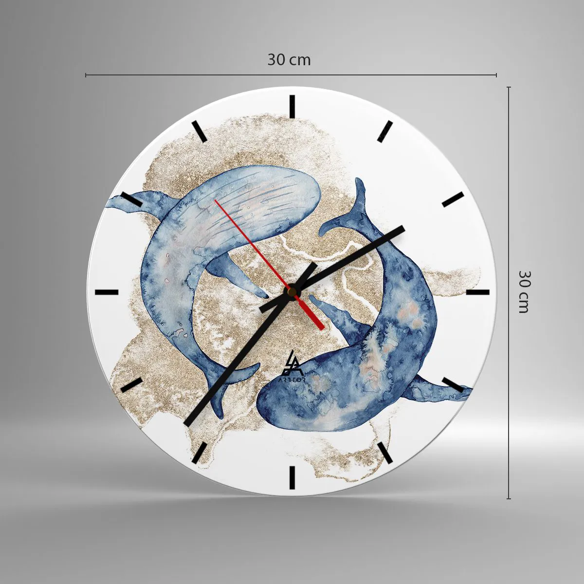 Ceas de perete - Ceas pe sticlă - Balene albastre pe nisipul auriu - 30x30cm - Prietenie sau iubire? - Decorațiune modernă pentru perete pentru living, bucătărie și dormitor ARTTOR