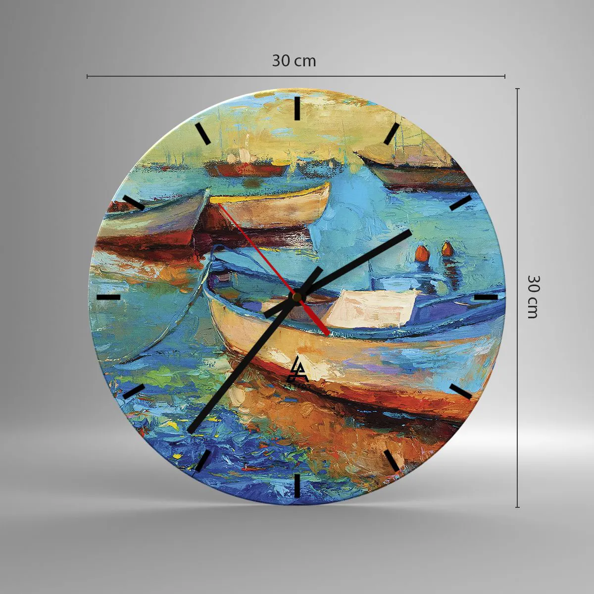 Väggklocka - Klocka på glas - Färgglada båtar på lugnt vatten - 30x30cm - I en sydlig vik - Modern väggdekoration för vardagsrum, kök och sovrum ARTTOR