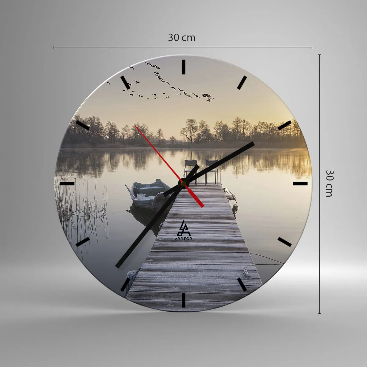 Horloge murale - Pendule murale - Une jetée avec un bateau au lever du soleil sur le lac - 30x30cm - Je reviendrai - Décoration murale moderne pour le salon, la cuisine et la chambre ARTTOR