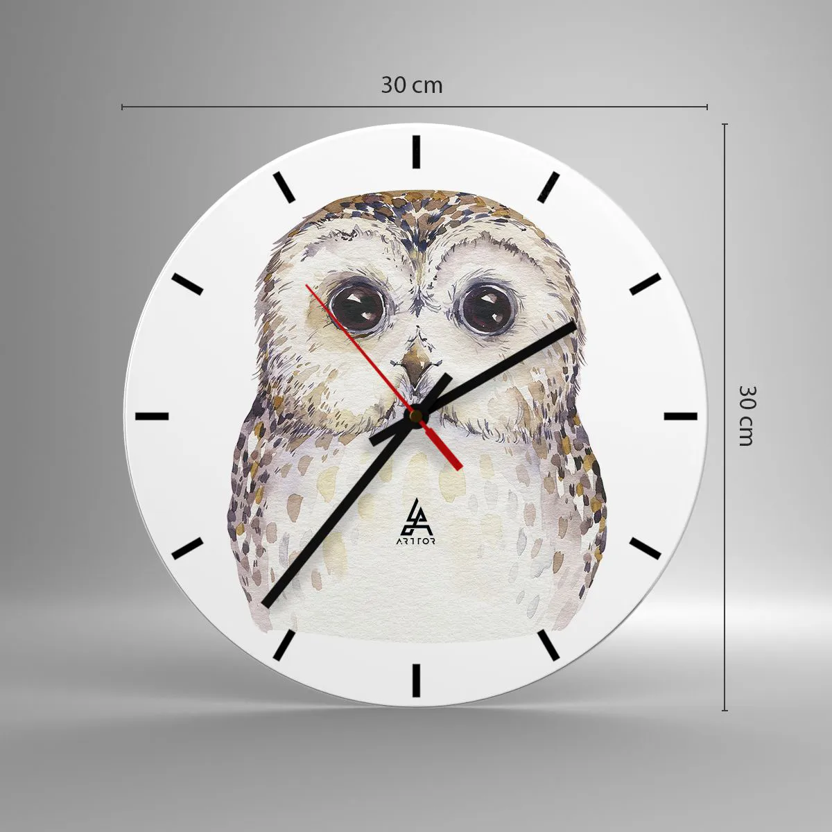Wanduhr - Glasuhr - Aquarell Eule mit großen Augen auf weißem Hintergrund - 30x30cm - Schau mir in die Augen - Moderne Wanddekoration für Wohnzimmer, Küche und Schlafzimmer ARTTOR