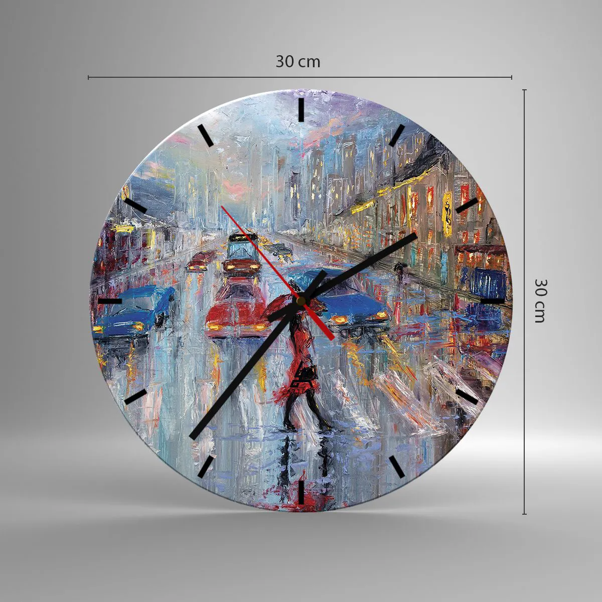 Horloge murale - Pendule murale - Paysage urbain sous la pluie avec des lumières colorées - 30x30cm - Après-midi pluvieux en ville - Décoration murale moderne pour le salon, la cuisine et la chambre ARTTOR