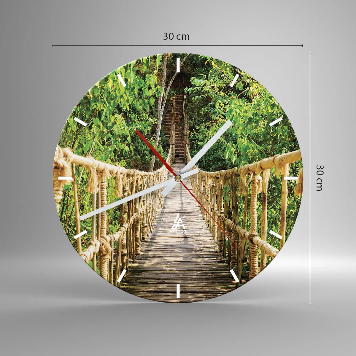 Horloge murale - Pendule murale - Un pont de corde en bois au milieu de la jungle verdoyante - 30x30cm - Suspendu dans la nature - Décoration murale moderne pour le salon, la cuisine et la chambre ARTTOR