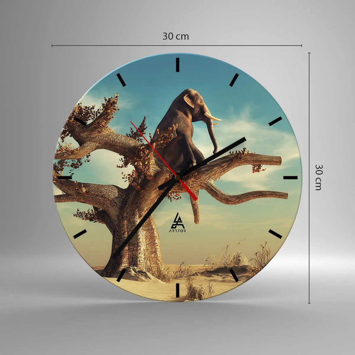 Vægur, Uret - En elefant sidder på et træ i et surrealistisk landskab - 30x30cm - Et nyt synspunkt - Moderne vægdekoration til stue, køkken og soveværelse ARTTOR
