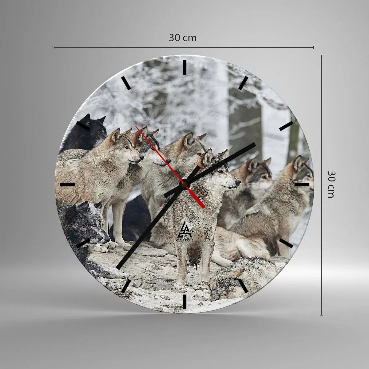 Wall clock - Clock on glass - A pack of wolves in a winter forest in a natural setting - 30x30cm - Family and Friends - Modern wall decoration for the living room, kitchen, and bedroom ARTTOR