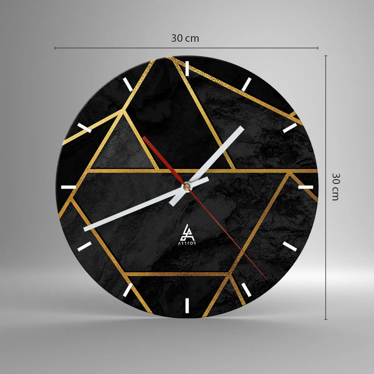 Relógio de parede - Relógio em vidro - Fundo preto com padrões geométricos dourados em um estilo elegante - 30x30cm - Escuridão e esplendor - Decoração de parede moderna para a sala de estar, cozinha e quarto ARTTOR