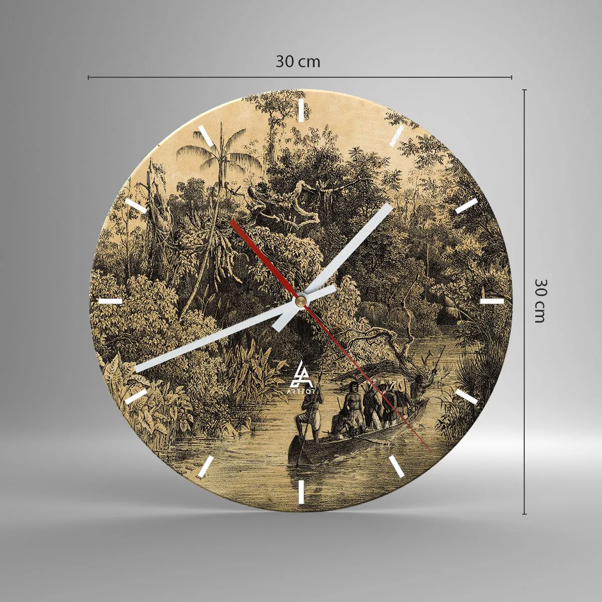 Ceas de perete - Ceas pe sticlă - Ilustrație retro a unei expediții în junglă tropicală - 30x30cm - Călătorie la sursă - Decorațiune modernă pentru perete pentru living, bucătărie și dormitor ARTTOR