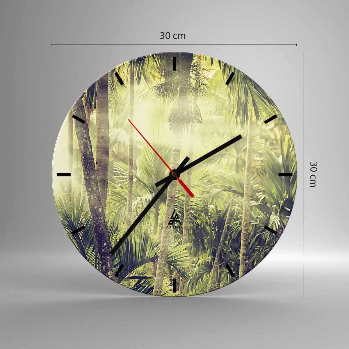 Väggklocka - Klocka på glas - Tropisk palmskog i solens strålar - 30x30cm - I gröna glöden - Modern väggdekoration för vardagsrum, kök och sovrum ARTTOR