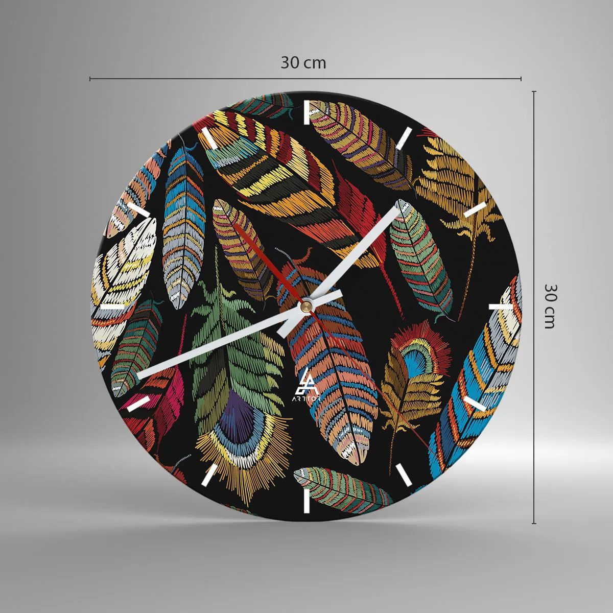 Nástenné hodiny - Farebné perie na čiernom pozadí v etnickom štýle - 30x30cm - Vtáčí karneval - Moderná nástenná dekorácia do obývacej izby, kuchyne a spálne ARTTOR