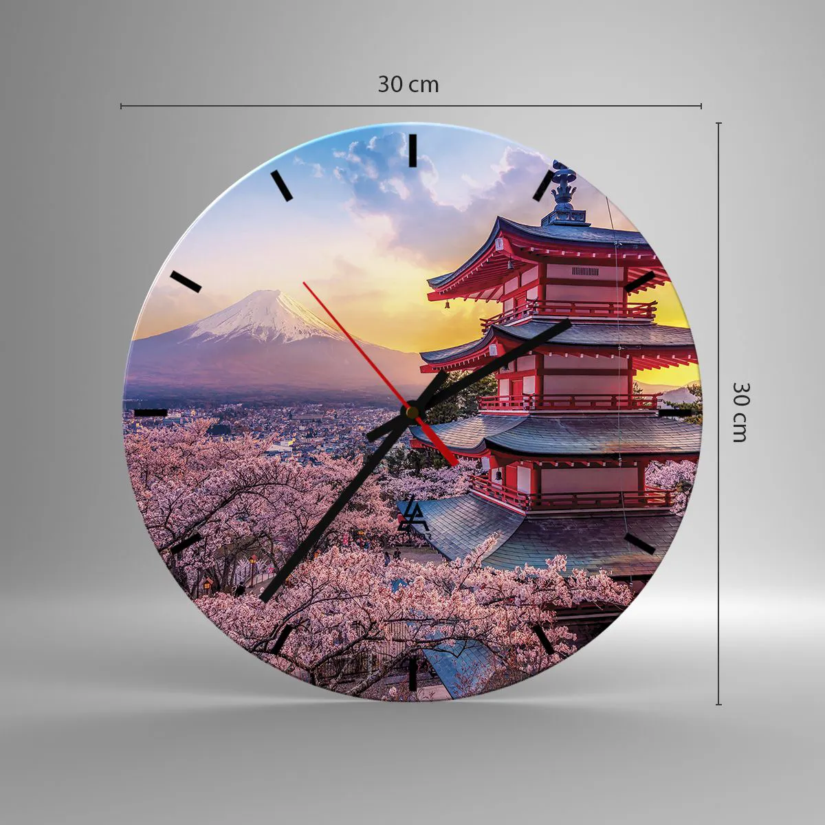 Ceas de perete - Ceas pe sticlă - O pagodă printre flori de cireș, cu Muntele Fuji în fundal - 30x30cm - Esența spiritului japonez - Decorațiune modernă pentru perete pentru living, bucătărie și dormitor ARTTOR