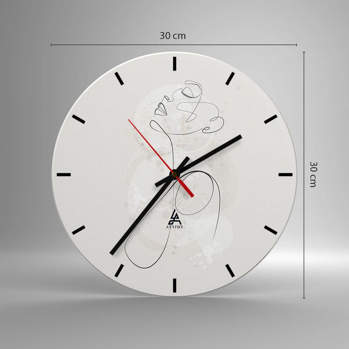 Ceas de perete - Ceas pe sticlă - O linie neagră creând silueta unei femei pe un fundal alb - 30x30cm - Spirala frumuseții - Decorațiune modernă pentru perete pentru living, bucătărie și dormitor ARTTOR