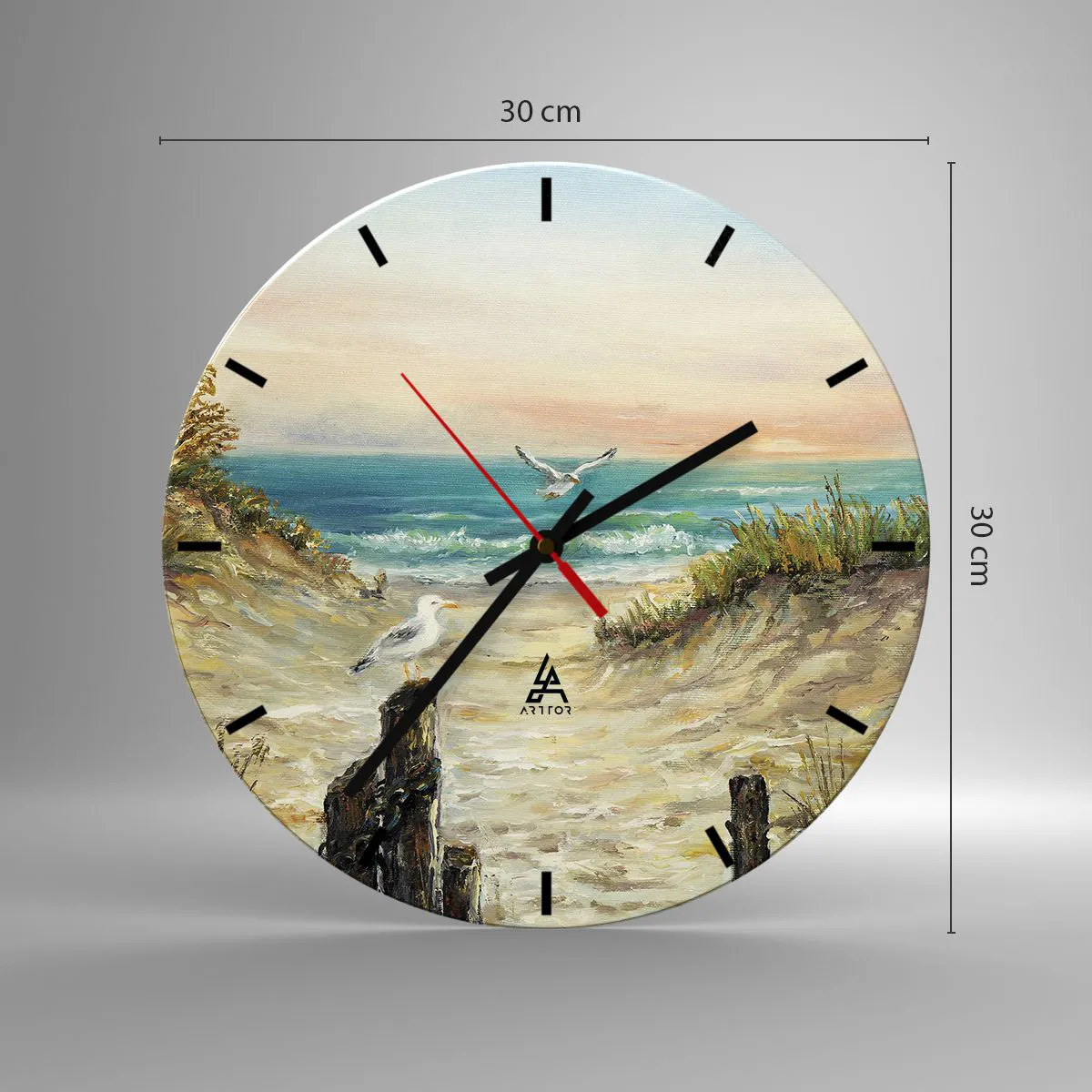 Väggklocka - Klocka på glas - Måsar över havsstranden vid solnedgången - 30x30cm - Vindstilla - Modern väggdekoration för vardagsrum, kök och sovrum ARTTOR