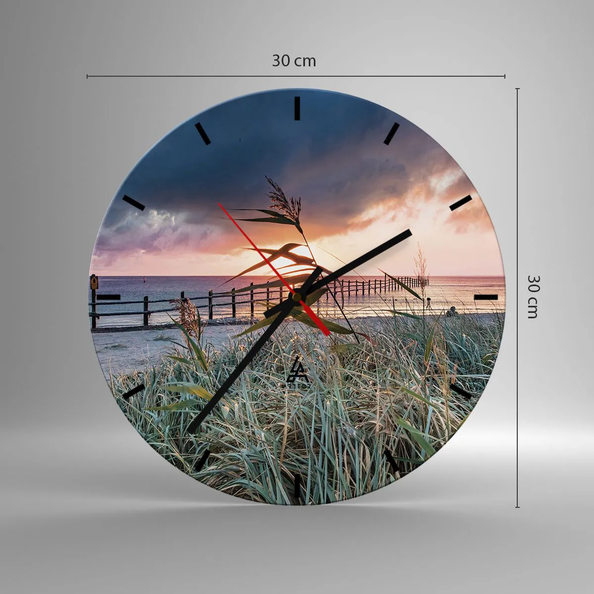 Wall clock - Clock on glass - A view of the pier at sunset with grasses in the foreground - 30x30cm - Not Gone with the Wind - Modern wall decoration for the living room, kitchen, and bedroom ARTTOR