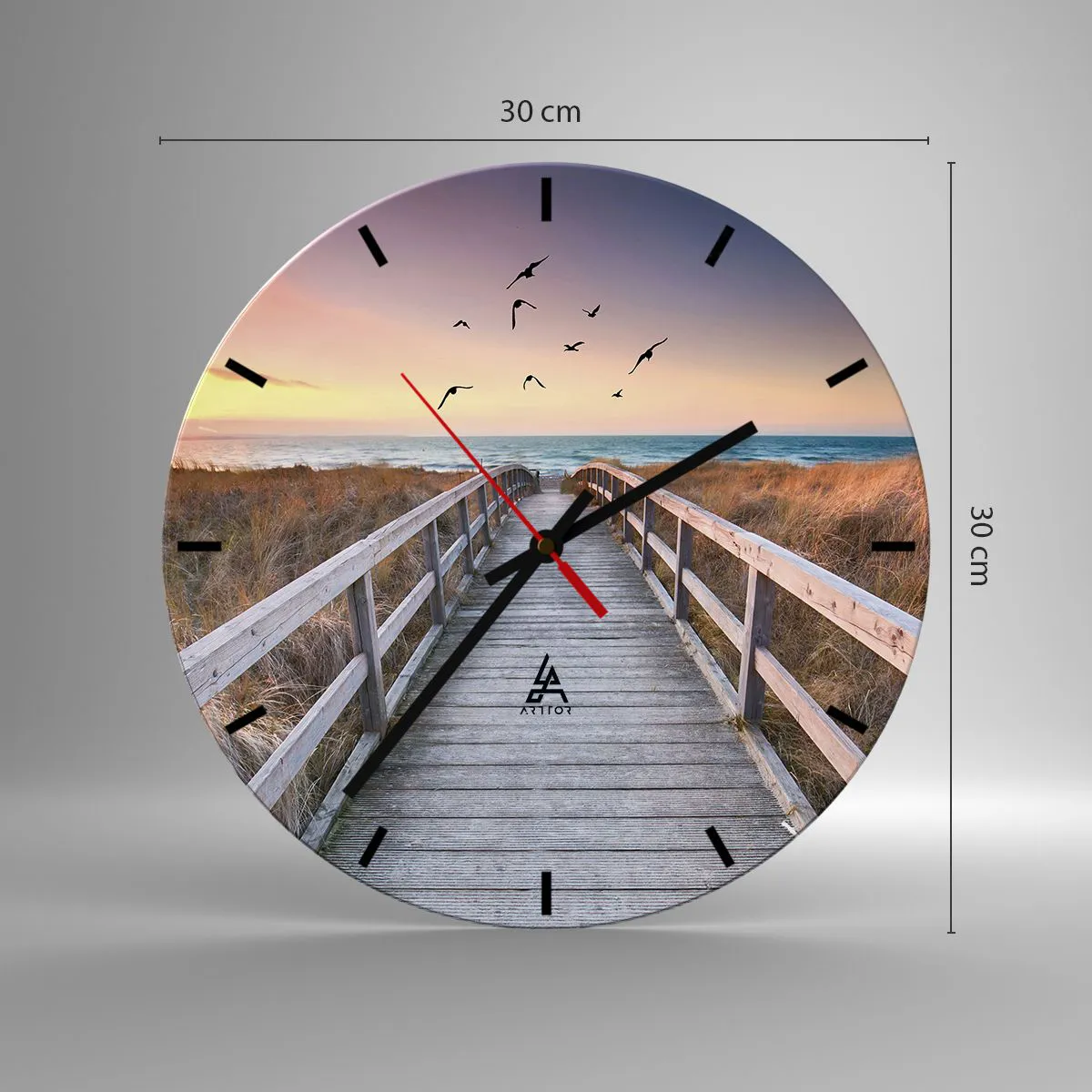 Relógio de parede - Relógio em vidro - Passarela de madeira que leva à praia ao pôr do sol - 30x30cm - O espaço das alturas - Decoração de parede moderna para a sala de estar, cozinha e quarto ARTTOR