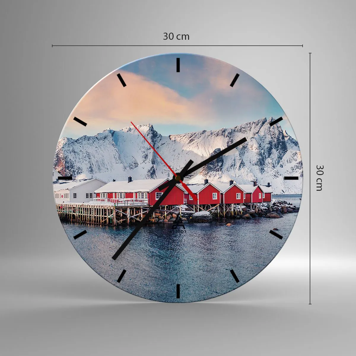 Vægur, Uret - Røde huse mod baggrunden af snedækkede bjerge og havet - 30x30cm - Nordlig tilbagetrækning - Moderne vægdekoration til stue, køkken og soveværelse ARTTOR