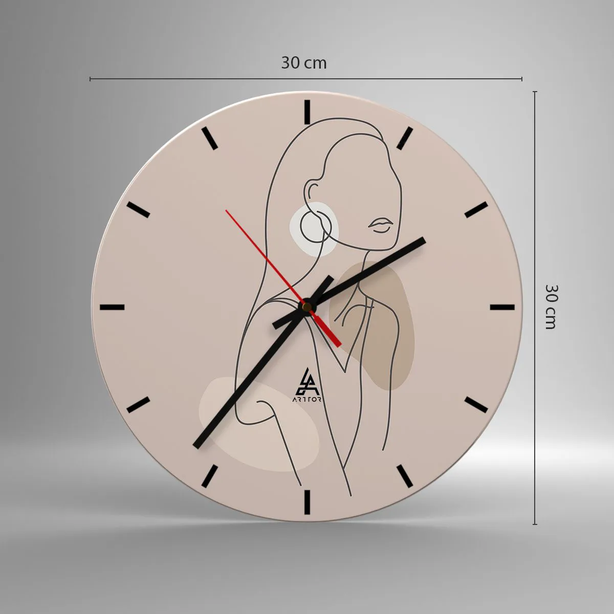 Reloj de pared - Reloj de vidrio - Una línea minimalista de una silueta femenina sobre un fondo beige. - 30x30cm - Un icono de la inocencia - Decoración de pared moderna para salón, cocina y dormitorio ARTTOR