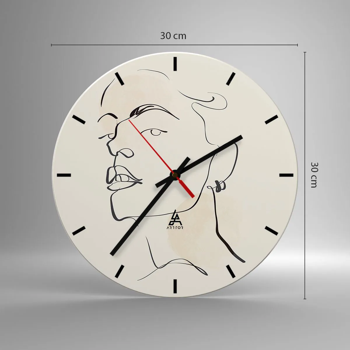 Väggklocka - Klocka på glas - En minimalistisk linje som skapar ett porträtt av en kvinna mot en ljus bakgrund - 30x30cm - Stolt blick - Modern väggdekoration för vardagsrum, kök och sovrum ARTTOR