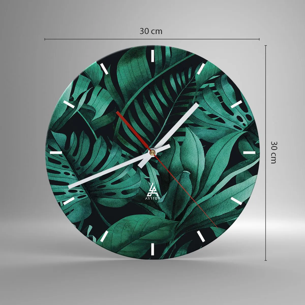 Reloj de pared - Reloj de vidrio - Hojas verdes tropicales sobre un fondo oscuro. - 30x30cm - Profundidad del verde tropical - Decoración de pared moderna para salón, cocina y dormitorio ARTTOR