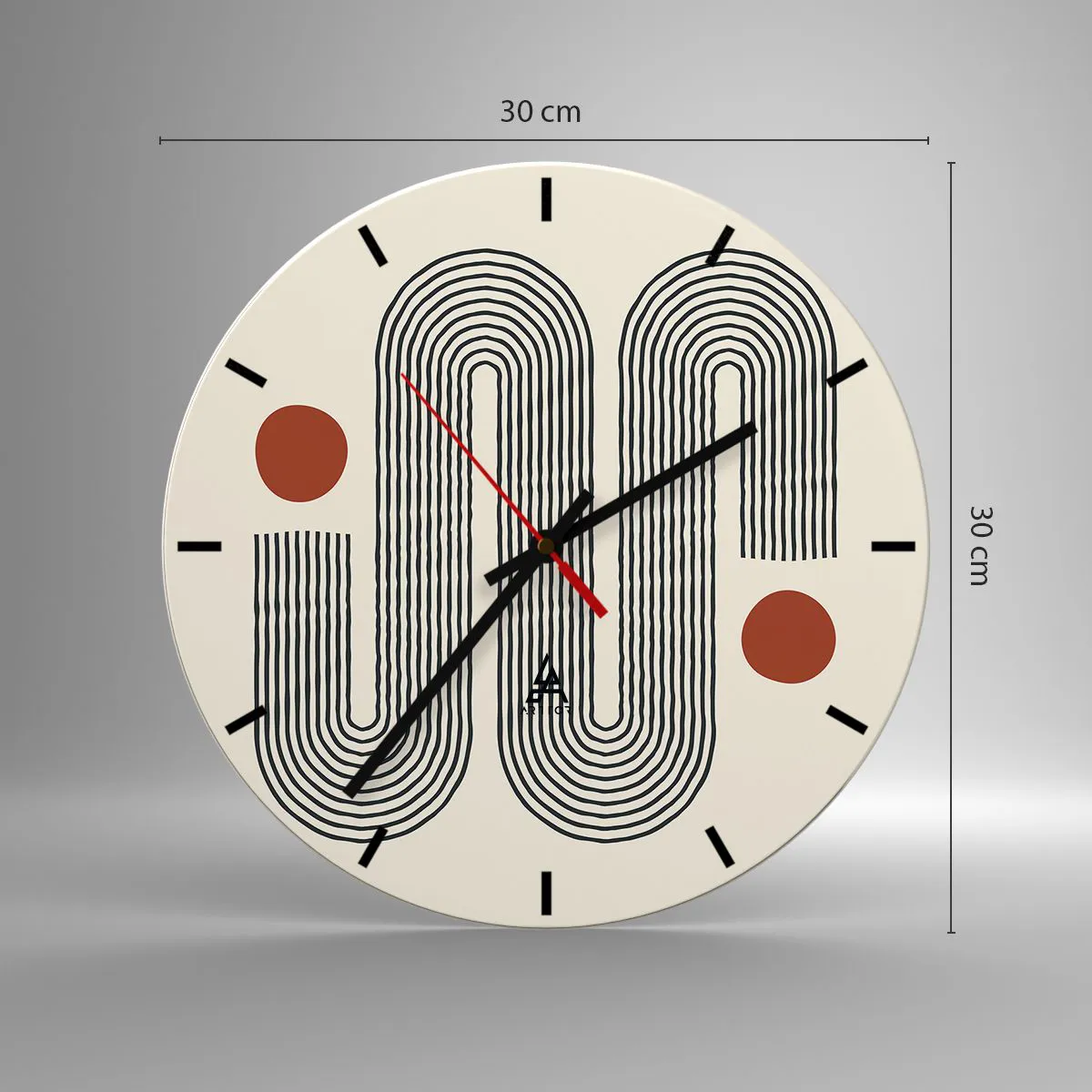 Falióra, Óra - Minimalista minta fekete vonalakkal és piros körökkel krémszínű alapon. - 30x30cm - Elejétől végéig - Modern fali dekoráció nappalihoz, konyhához és hálószobához ARTTOR