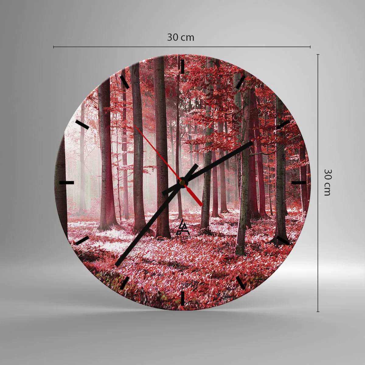 Nástěnné hodiny - Malebný les v červených odstínech v ranním světle - 30x30cm - Červená je stejně krásná - Moderní nástěnná dekorace do obývacího pokoje, kuchyně a ložnice ARTTOR