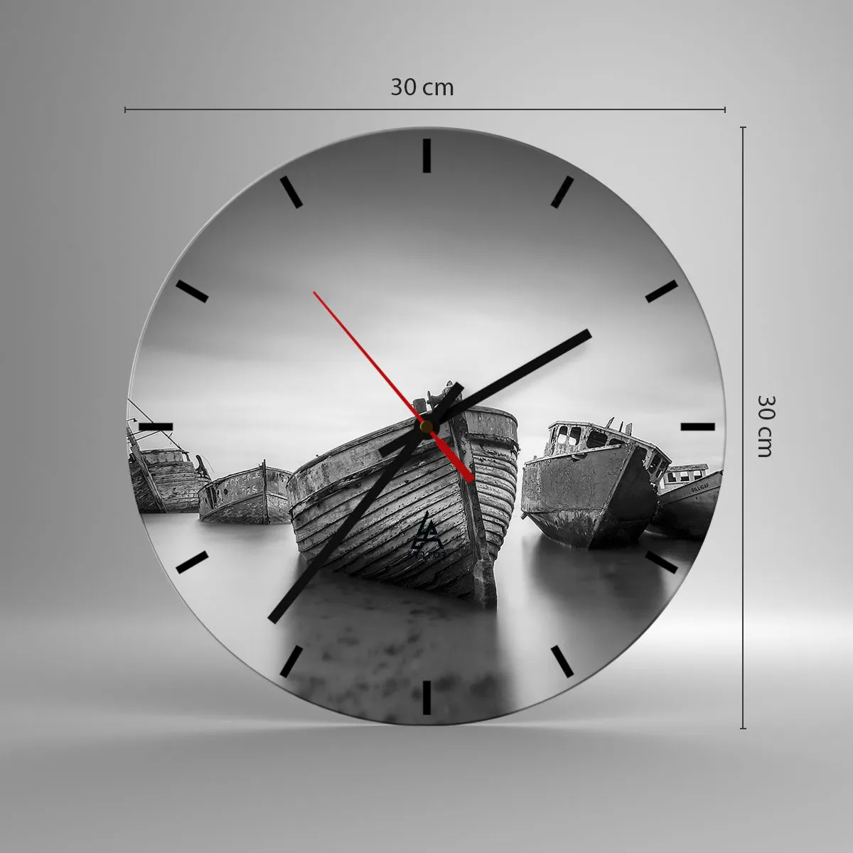 Wall clock - Clock on glass - Old fishing boats stranded on the shore in black and white - 30x30cm - Now Only a Memory - Modern wall decoration for the living room, kitchen, and bedroom ARTTOR