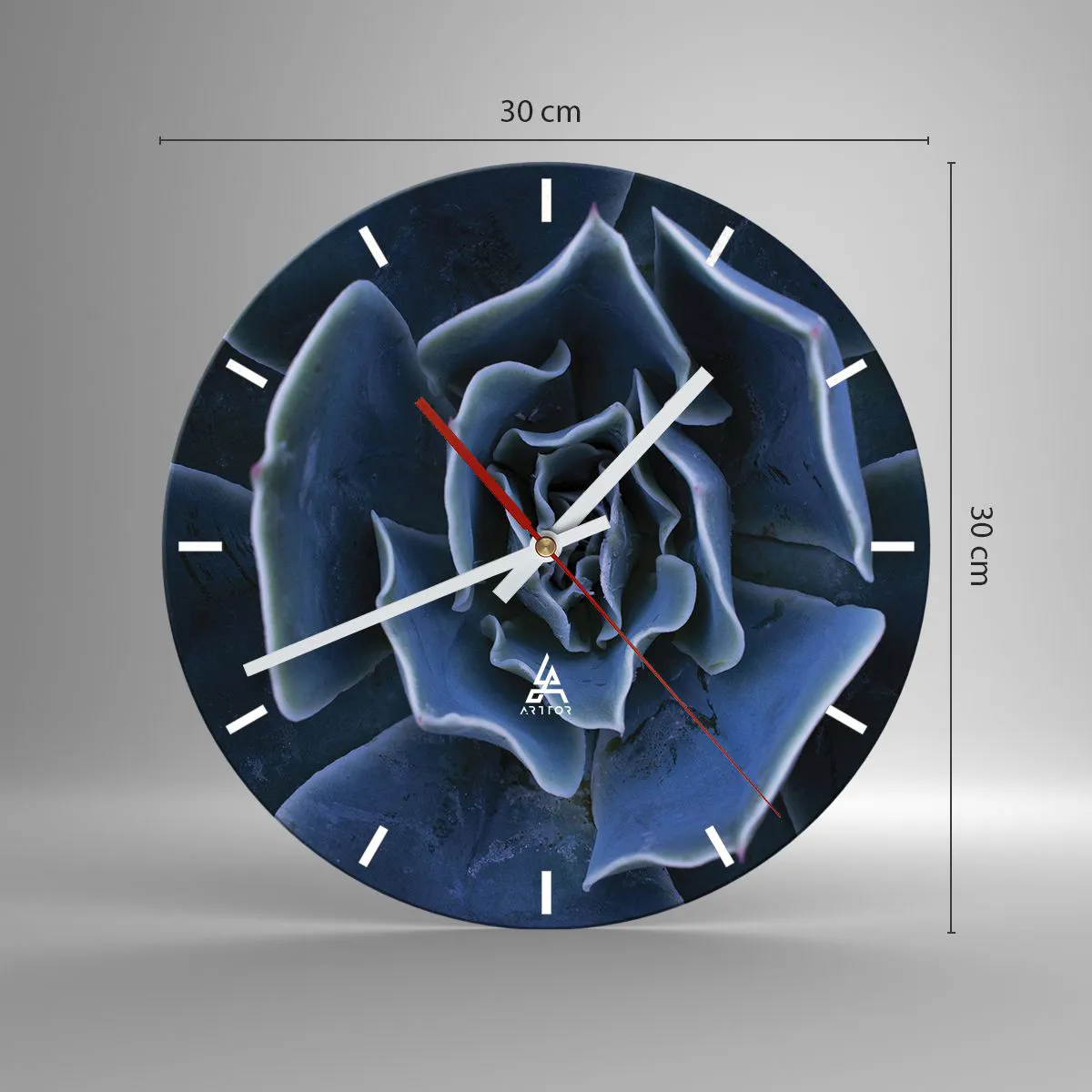 Wall clock - Clock on glass - Close-up of a succulent with navy blue leaves - 30x30cm - Flower of the Desert - Modern wall decoration for the living room, kitchen, and bedroom ARTTOR