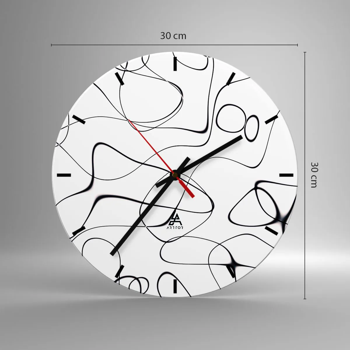 Wall clock - Clock on glass - Black abstract lines on a white background - 30x30cm - Life Paths, Trails of Fortune - Modern wall decoration for the living room, kitchen, and bedroom ARTTOR
