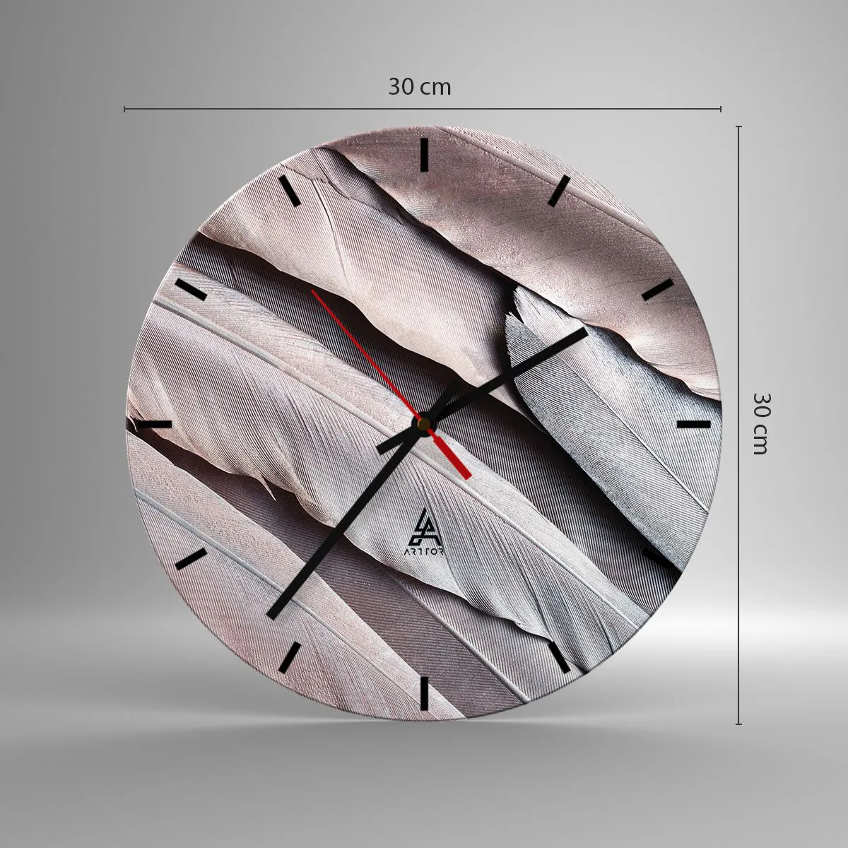 Relógio de parede - Relógio em vidro - Close-up de penas em tons de rosa e cinza - 30x30cm - Em prateado rosa - Decoração de parede moderna para a sala de estar, cozinha e quarto ARTTOR