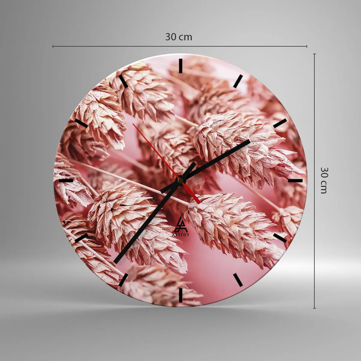 Wall clock - Clock on glass - Close-up of pink ears of corn on a pastel background - 30x30cm - Flowery Cascade in Pink - Modern wall decoration for the living room, kitchen, and bedroom ARTTOR