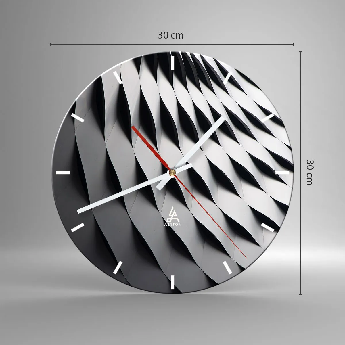 Ceas de perete - Ceas pe sticlă - Model de structură arhitecturală ondulată alb-negru - 30x30cm - Pe suprafața valurilor - Decorațiune modernă pentru perete pentru living, bucătărie și dormitor ARTTOR