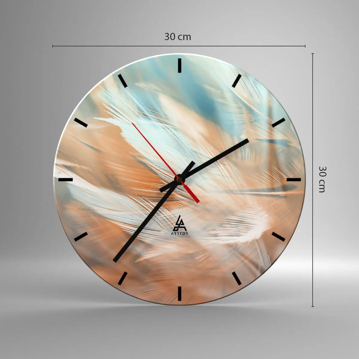 Ceas de perete - Ceas pe sticlă - Pene delicate în nuanțe pastelate de albastru și piersică - 30x30cm - În țara blândeții - Decorațiune modernă pentru perete pentru living, bucătărie și dormitor ARTTOR