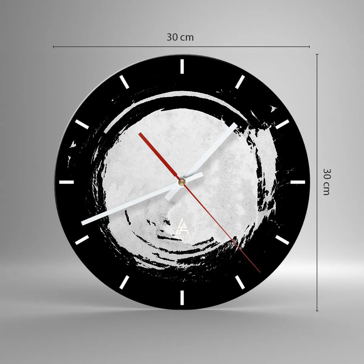 Vægur, Uret - Hvid penselcirkel på sort baggrund i zen-stil - 30x30cm - Den gode vej ud - Moderne vægdekoration til stue, køkken og soveværelse ARTTOR