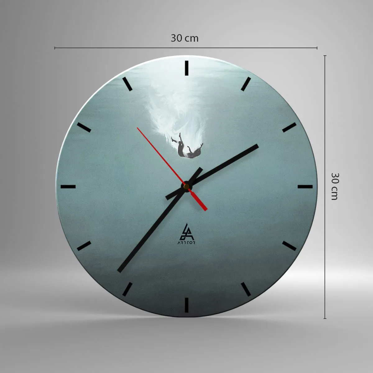 Wall clock - Clock on glass - The silhouette of a falling man immersed in the blue depths - 30x30cm - In the Arms of the Ocean - Modern wall decoration for the living room, kitchen, and bedroom ARTTOR