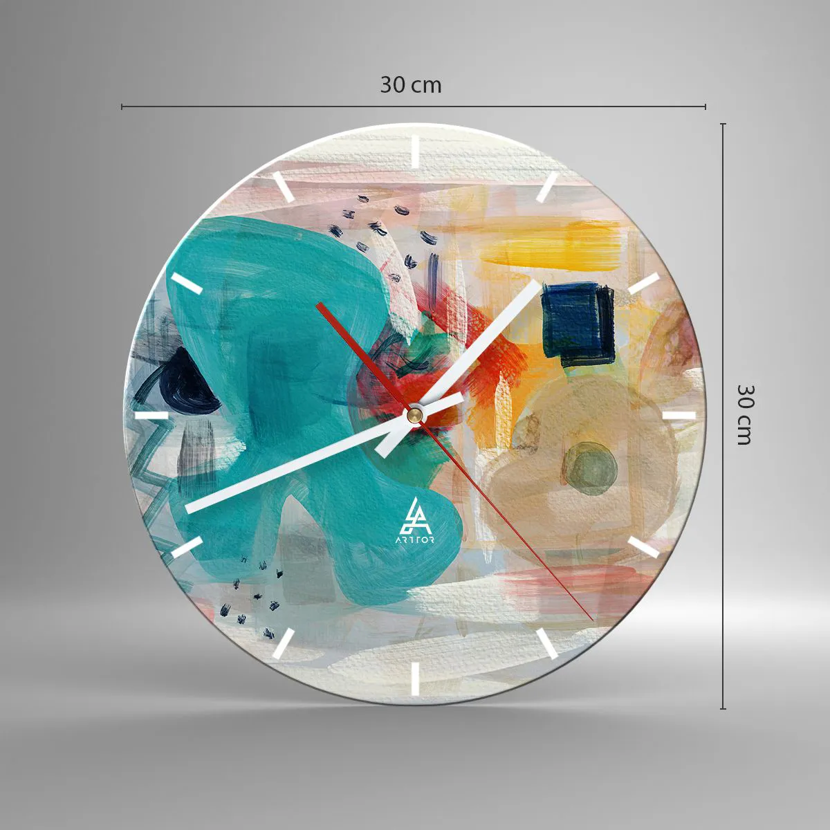 Vægur, Uret - Abstrakte farvepletter i nuancer af turkis, rød og gul - 30x30cm - Et farverigt spil - Moderne vægdekoration til stue, køkken og soveværelse ARTTOR