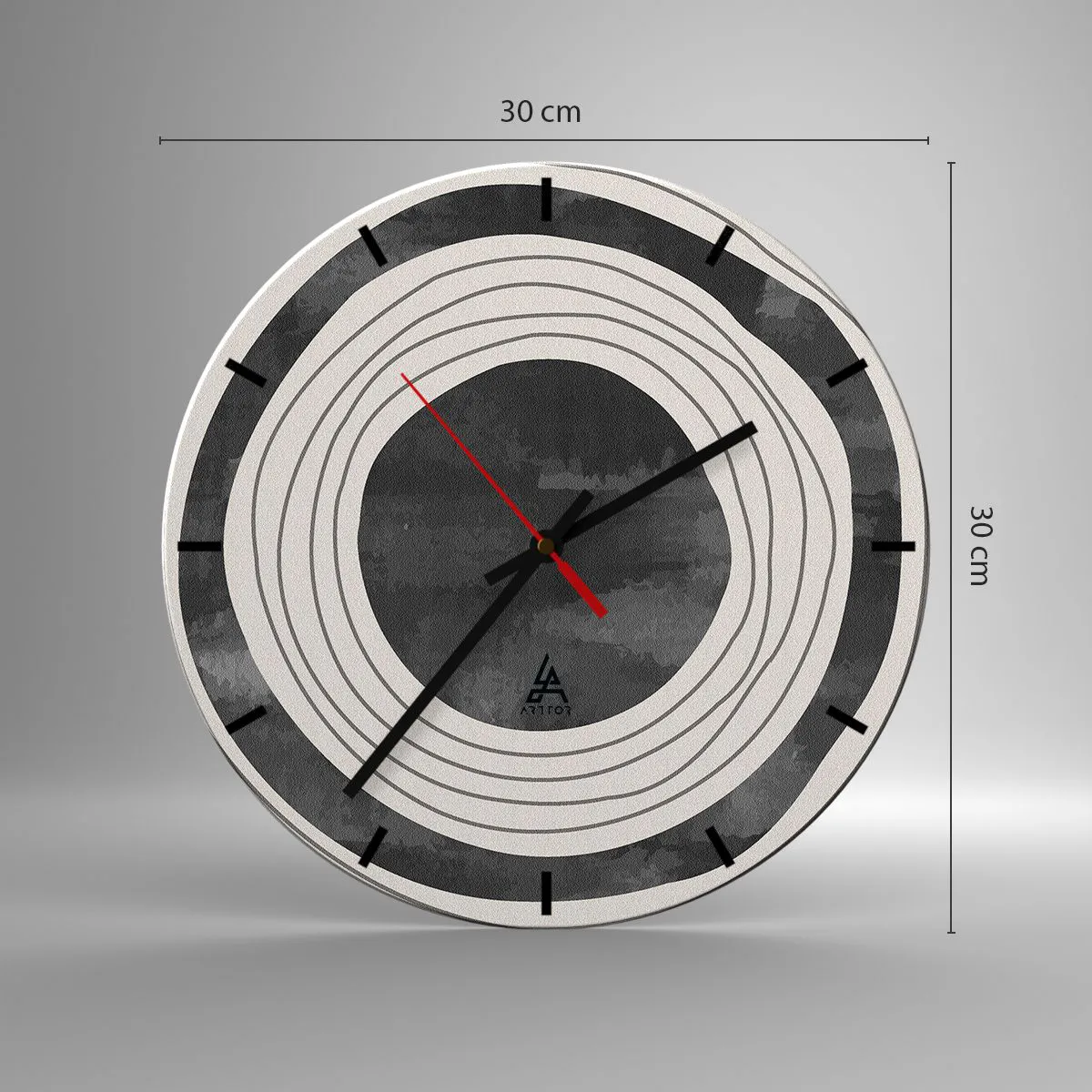 Nástenné hodiny - Sústredné kruhy v odtieňoch sivej a čiernej - 30x30cm - Presný zásah - Moderná nástenná dekorácia do obývacej izby, kuchyne a spálne ARTTOR