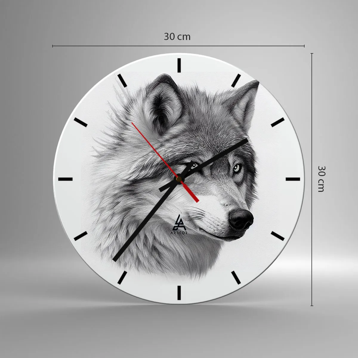 Wanduhr - Glasuhr - Ein Schwarz-Weiß-Porträt eines Wolfes mit durchdringendem Blick. - 30x30cm - Alpha – ohne Zweifel - Moderne Wanddekoration für Wohnzimmer, Küche und Schlafzimmer ARTTOR