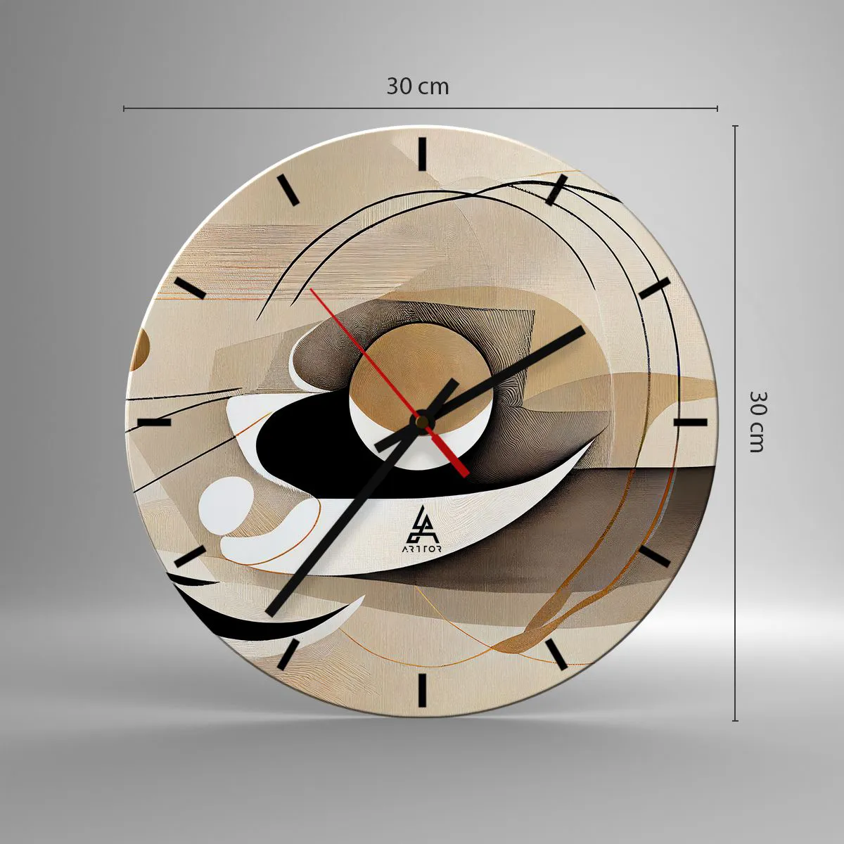 Wall clock - Clock on glass - A geometric composition with arcs and forms in shades of beige. - 30x30cm - Composition -the Heart of Things - Modern wall decoration for the living room, kitchen, and bedroom ARTTOR