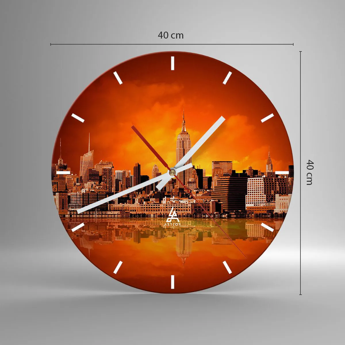 Ceas de perete - Ceas pe sticlă - Panorama unui oraș mare în galben și maro - 40x40 cm