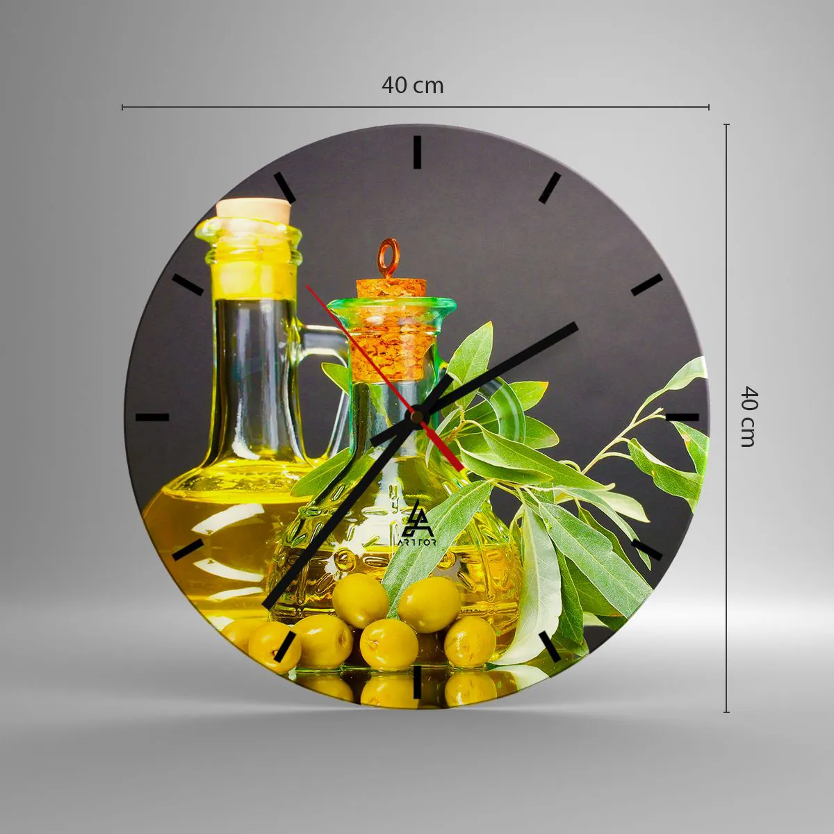Relógio de parede - Relógio em vidro - Natureza morta com azeitonas e azeite - 40x40 cm