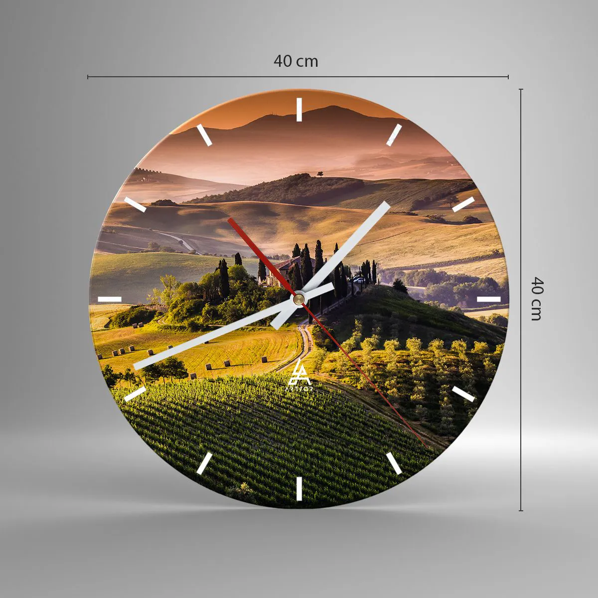 Ceas de perete - Ceas pe sticlă - Arcadia - peisaj toscan - 40x40 cm