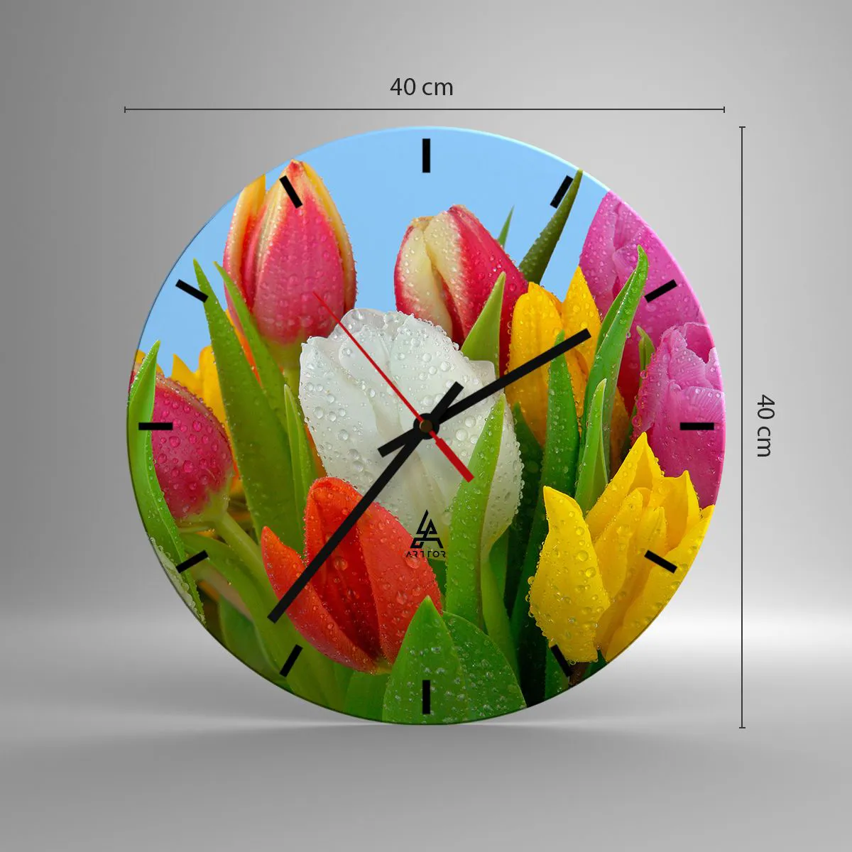 Wanduhr - Glasuhr - Ein blumiger Regenbogen in Tautropfen - 40x40 cm