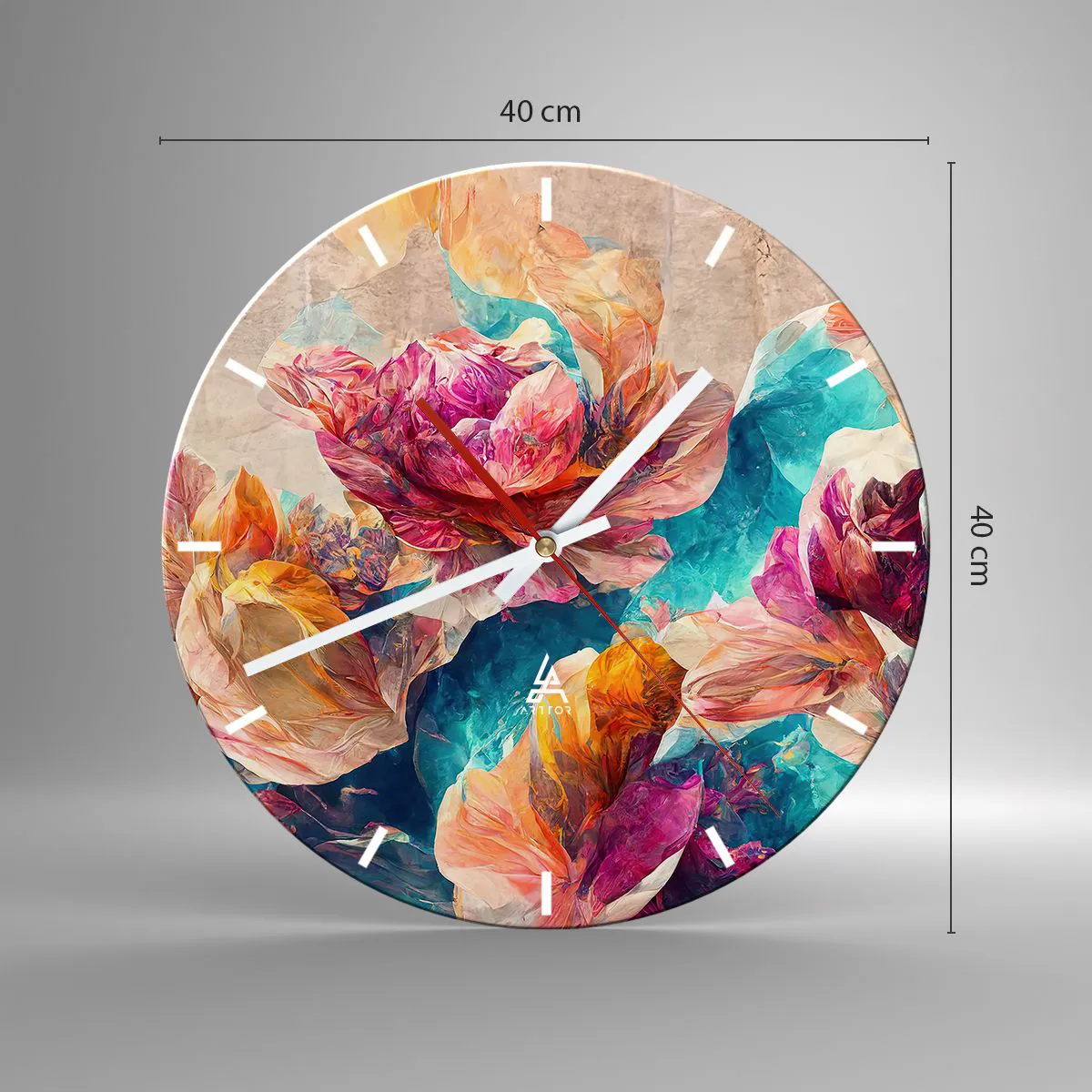 Ceas de perete - Ceas pe sticlă - Splendoarea colorată a buchetului de flori - 40x40 cm