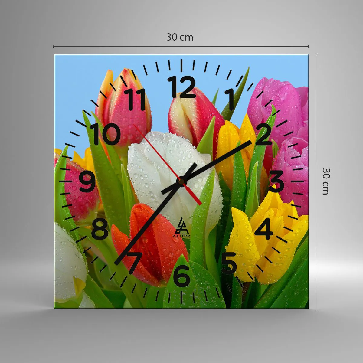 Wanduhr - Glasuhr - Ein blumiger Regenbogen in Tautropfen - 30x30 cm