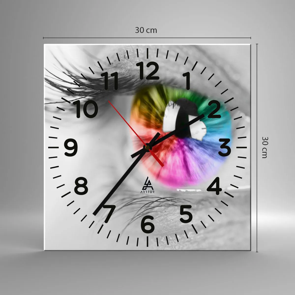 Väggklocka - Klocka på glas - Se färgglatt på världen - 30x30 cm