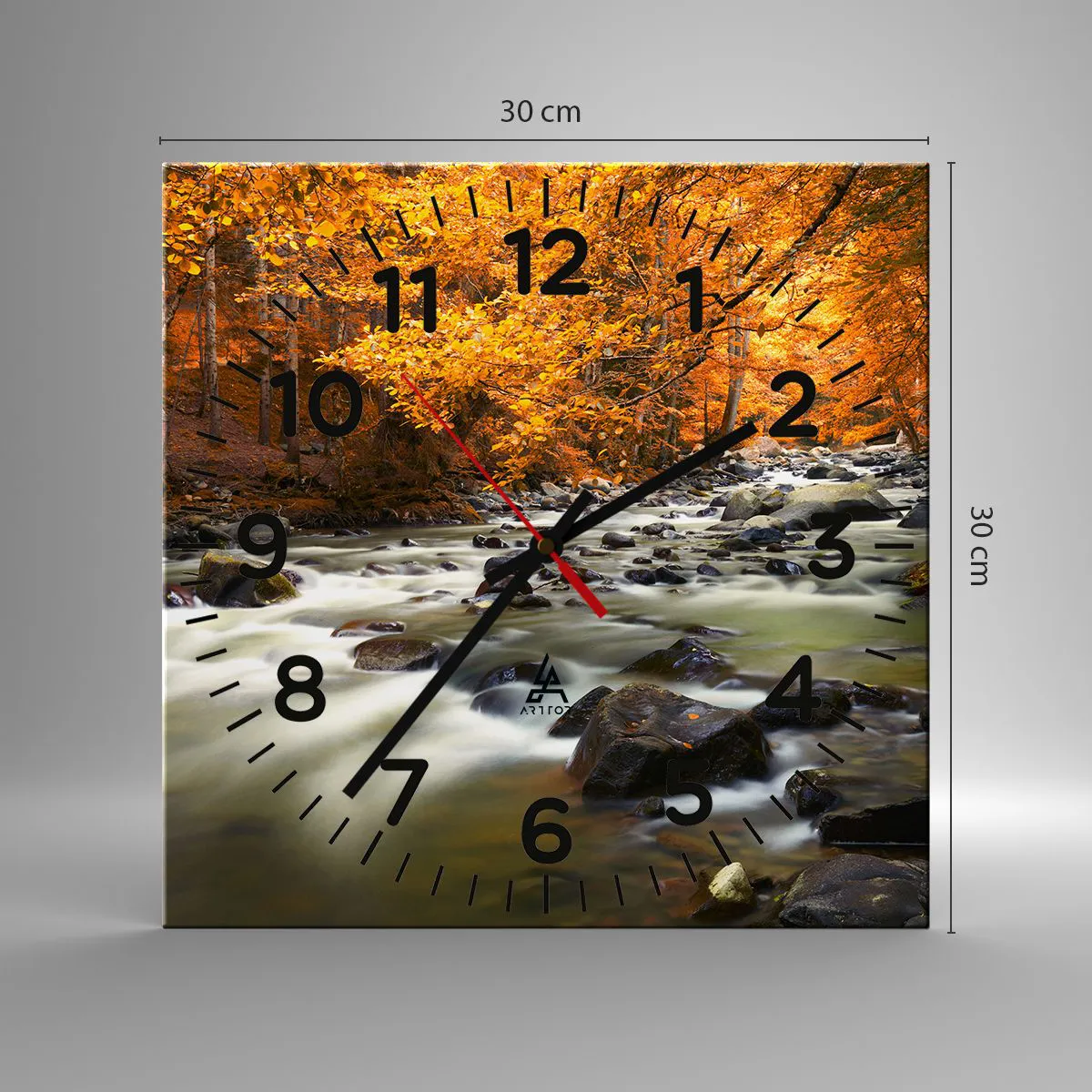 Ceas de perete - Ceas pe sticlă - Un pârâu într-o pădure de aur - 30x30 cm