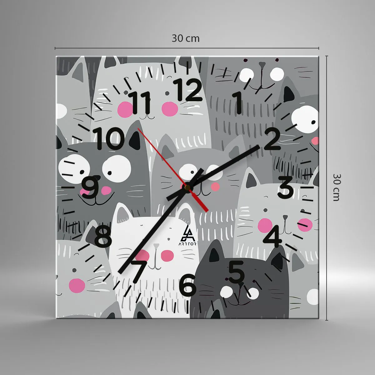 Ceas de perete - Ceas pe sticlă - Lumea felină - 30x30 cm