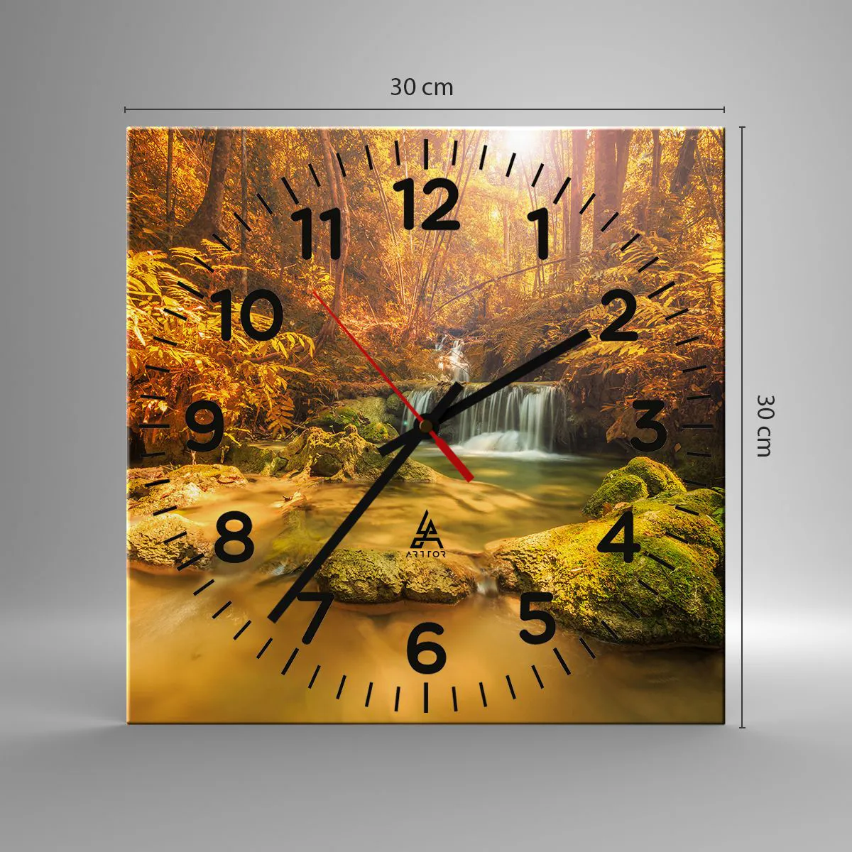 Wall clock - Clock on glass - Forest Cascade in Gold - 30x30 cm